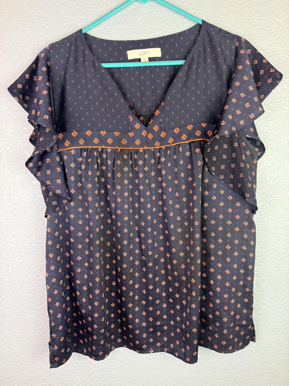 LOFT Blouse Womens Large Blue Geometric Ruffle Flutter Sleeve Tunic Top Boho